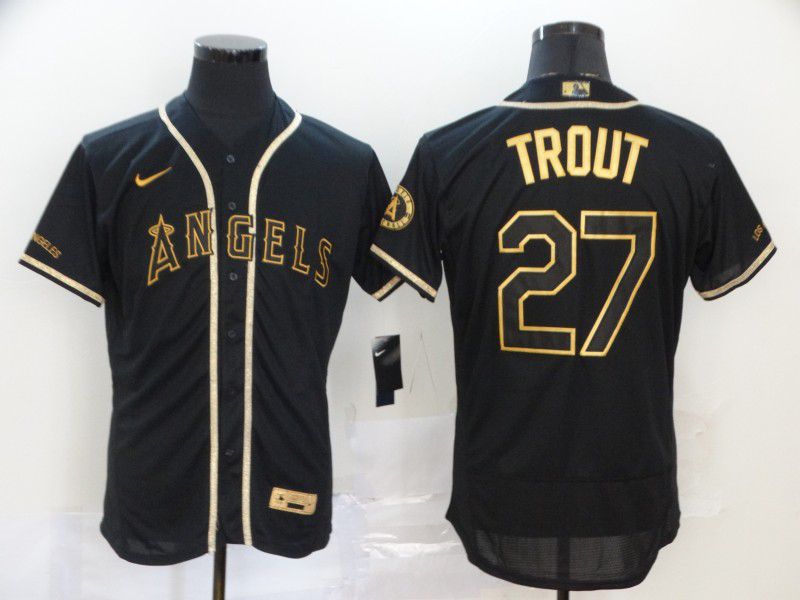 Men Los Angeles Angels #27 Trout Black Retro gold character Nike MLB Jerseys